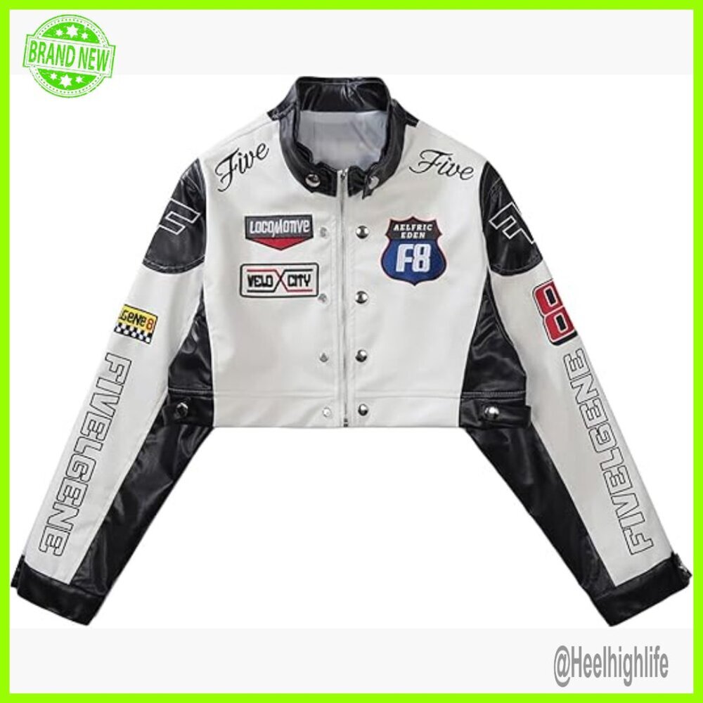 Cropped PU Leather Moto Jacket Slim Fit Long Sleeve Racing Style
